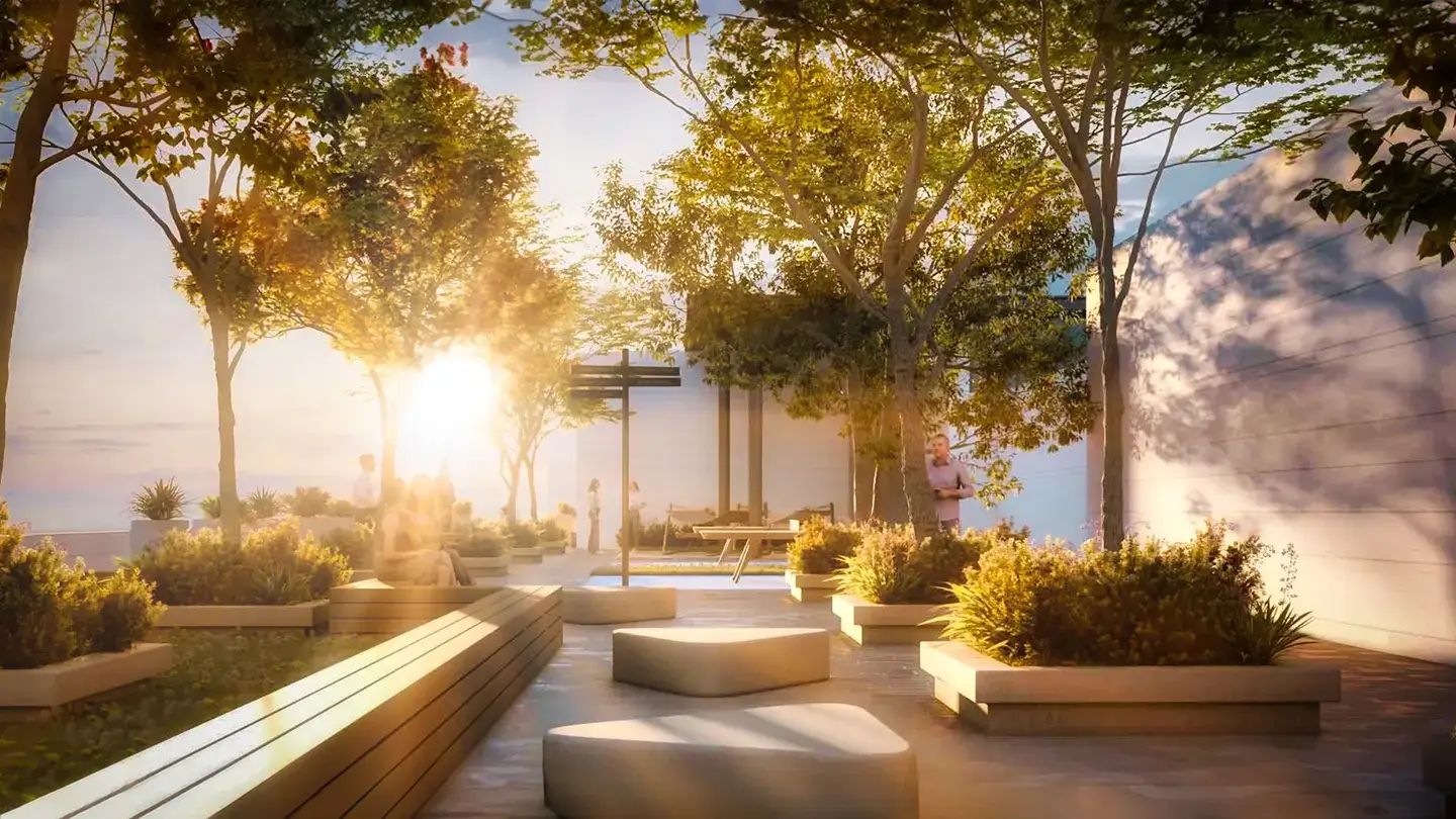 A look at the golden hour sunset in the garden area of the Garden Residence