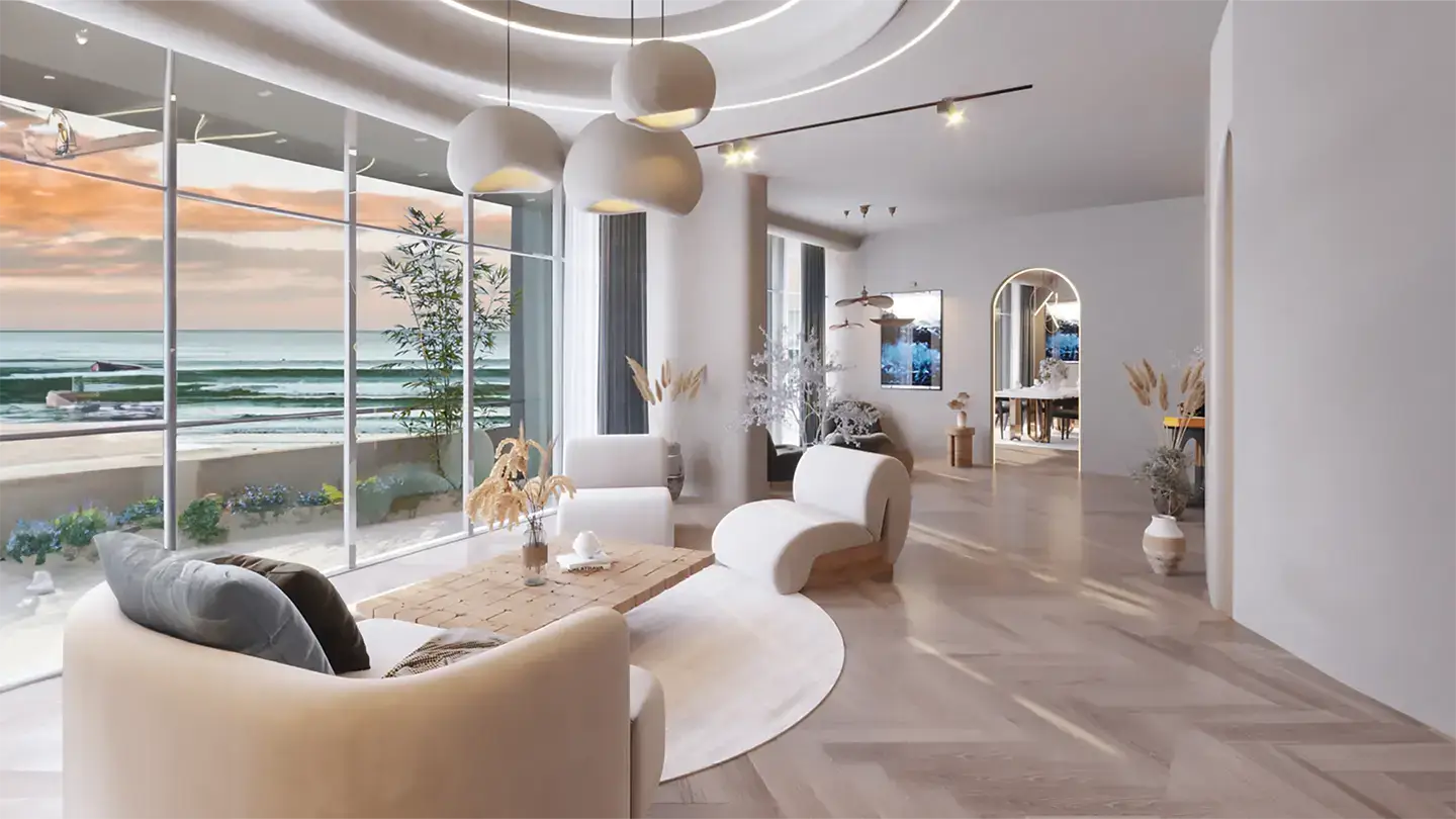 Image of living room overlooking the sea in Voya Waterfront Tower in Lusail, Qatar