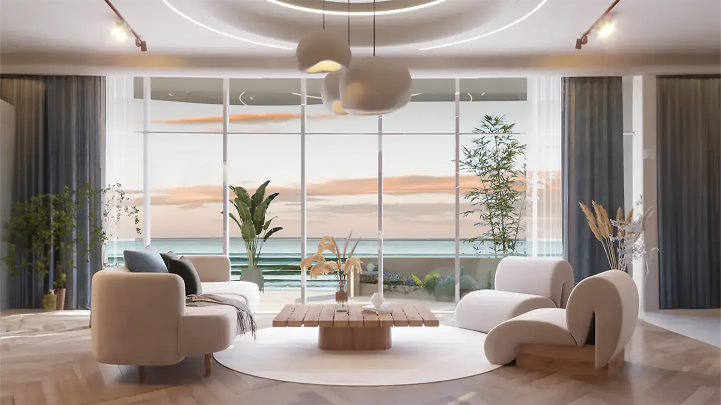 Image of living room overlooking the sea in duplex apartment of Voya Waterfront Tower in Lusail, Qatar